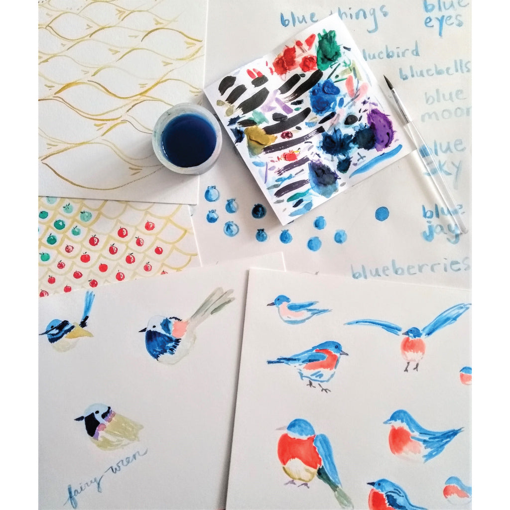Five Patch Design watercolor paintings and palette