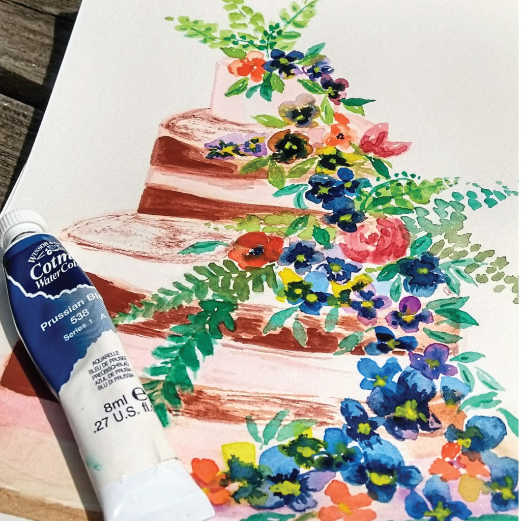 Five Patch Design painting of cake decorated with pansies
