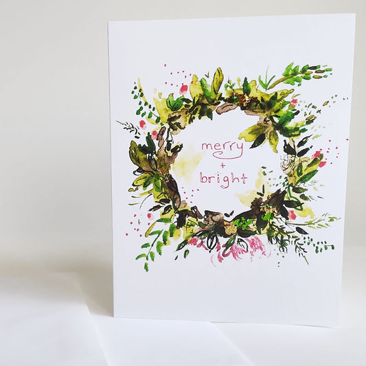 Five Patch Design Wreath Merry and Bright Greeting Card