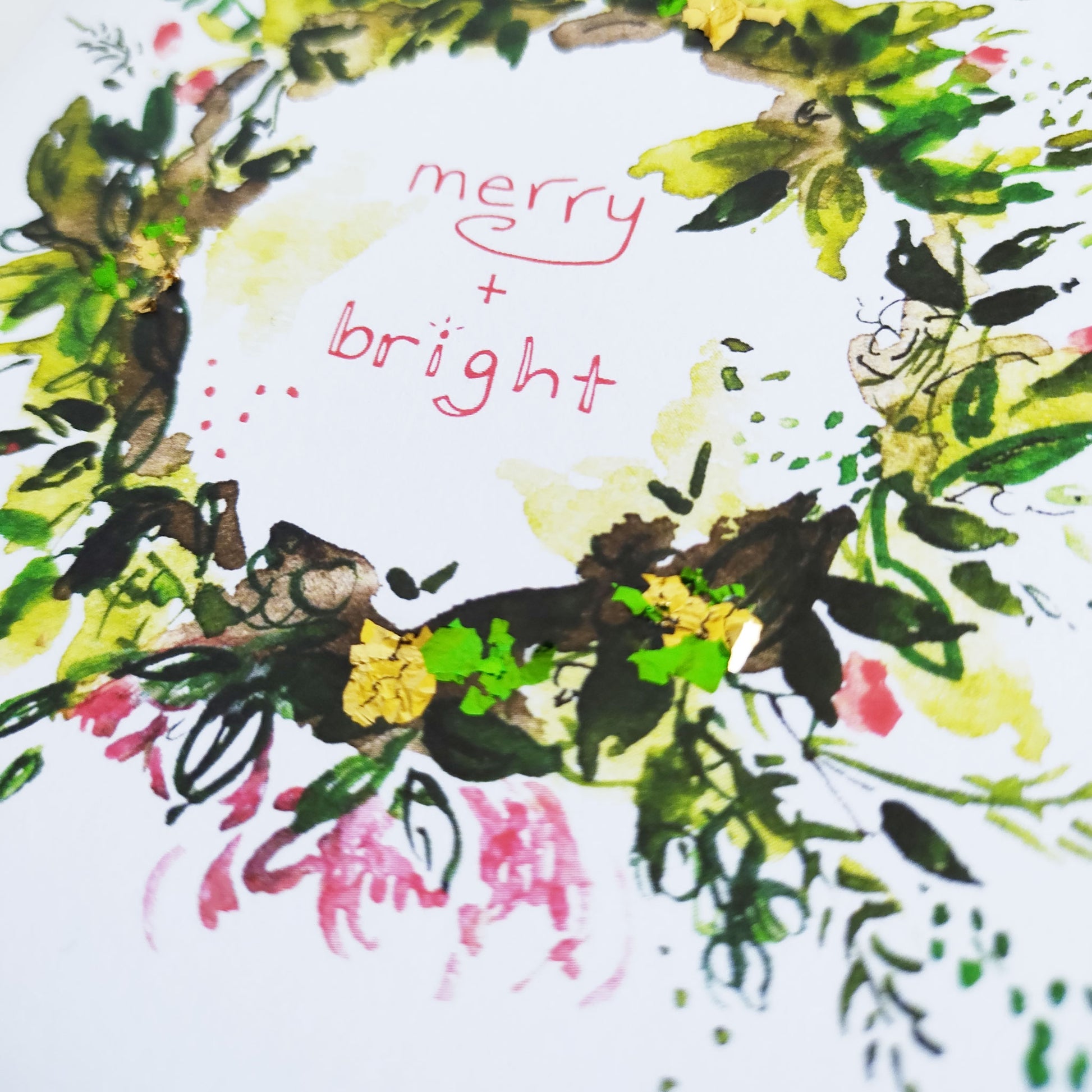 Five Patch Design Wreath Merry and Bright Greeting Card closeup