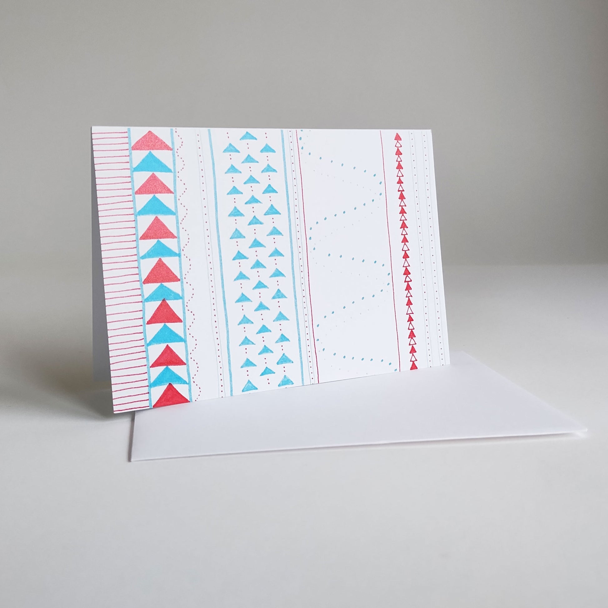 Five Patch Design Hand Illustrated Red and Blue Crazy Quilt Any Occasion Card