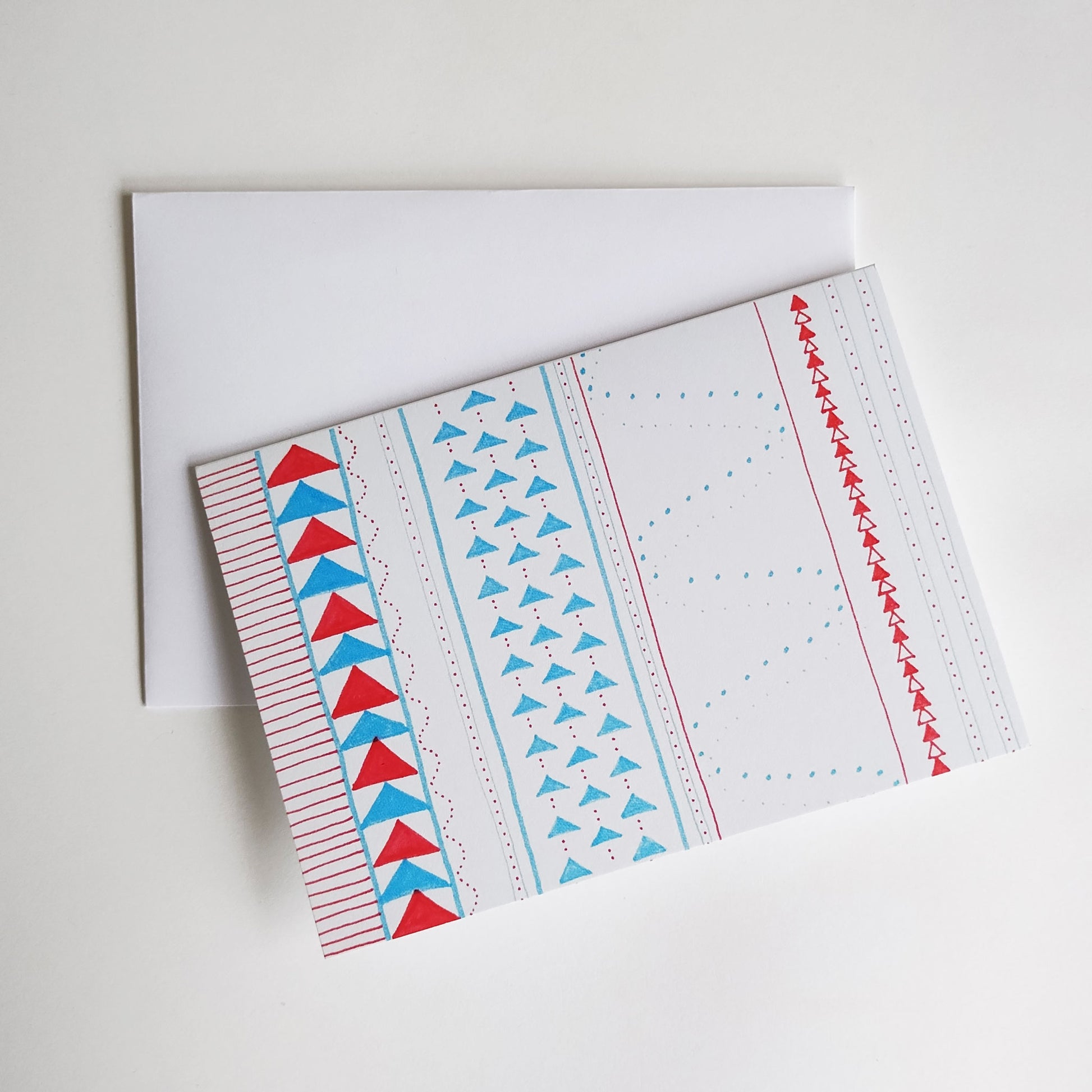 Five Patch Design Hand Illustrated Red and Blue Crazy Quilt Any Occasion Card