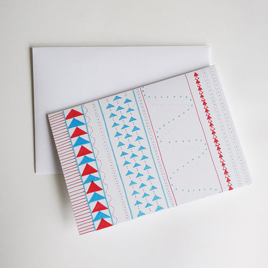 Five Patch Design Hand Illustrated Red and Blue Crazy Quilt Any Occasion Card