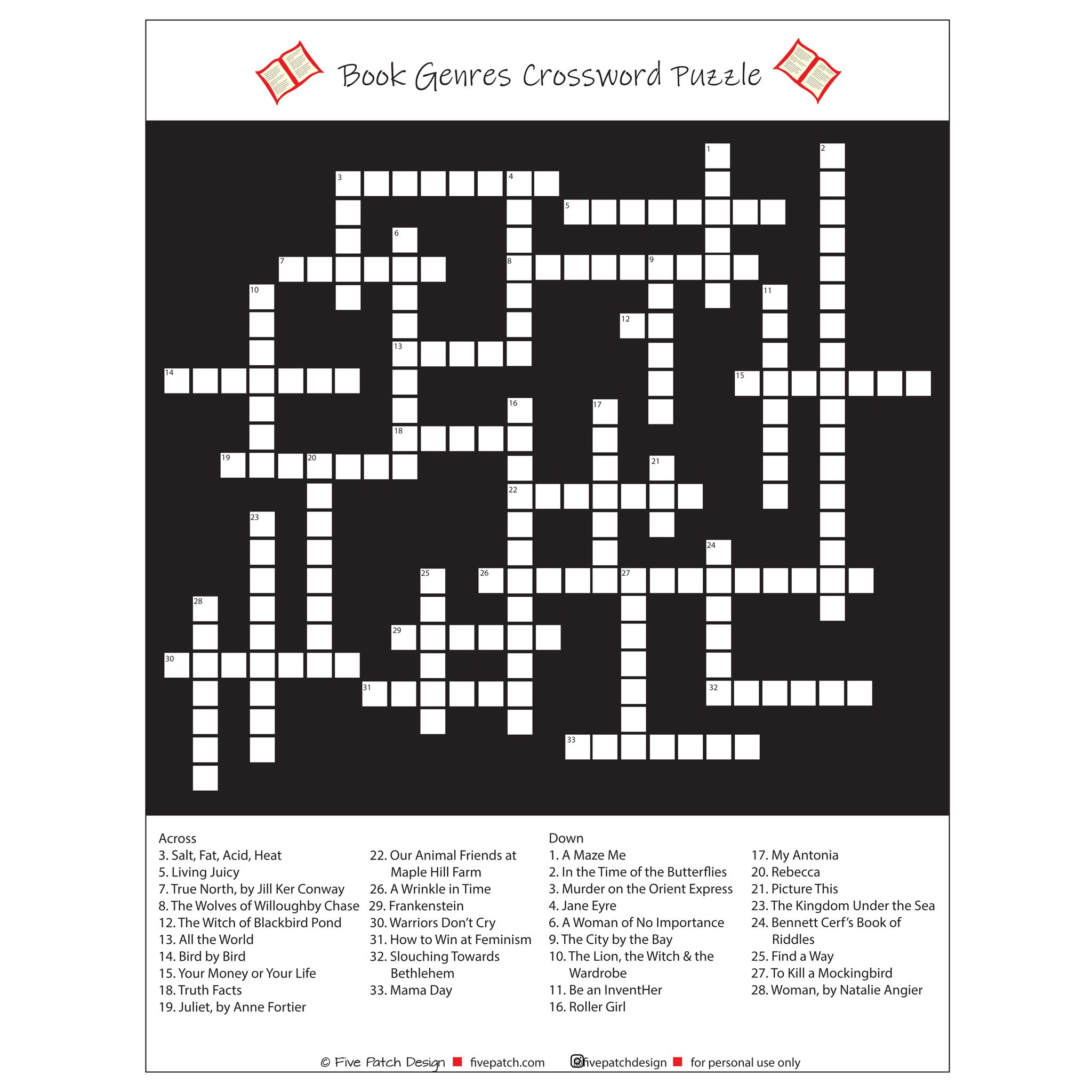 Five Patch Design Book Genres Crossword Puzzle free printable