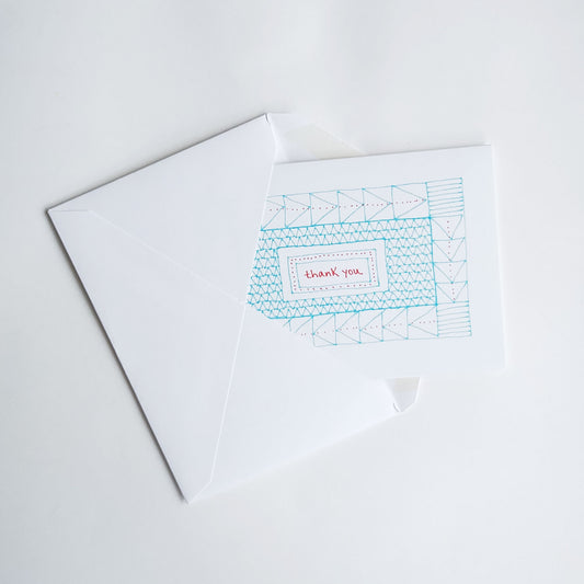 Five Patch Design Hand Illustrated Red and Blue Quilt Thank You Greeting Card