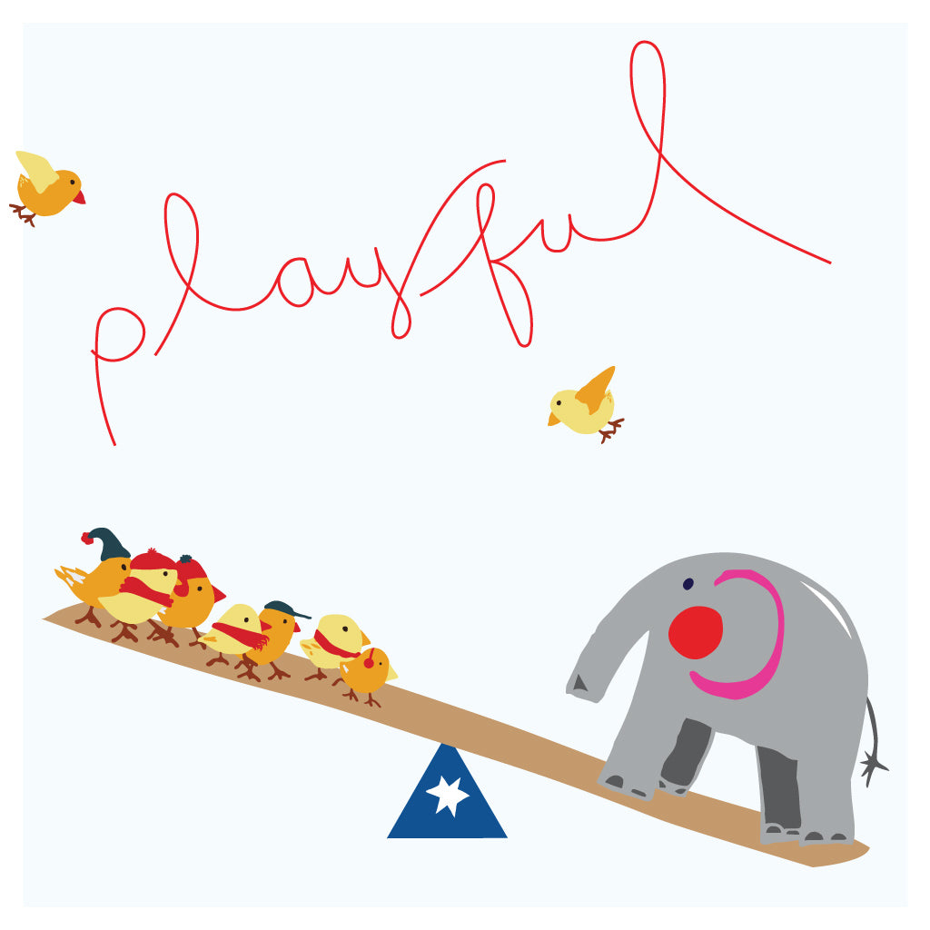 Five Patch Design hand lettering of the word playful with elephant and chicks on seesaw