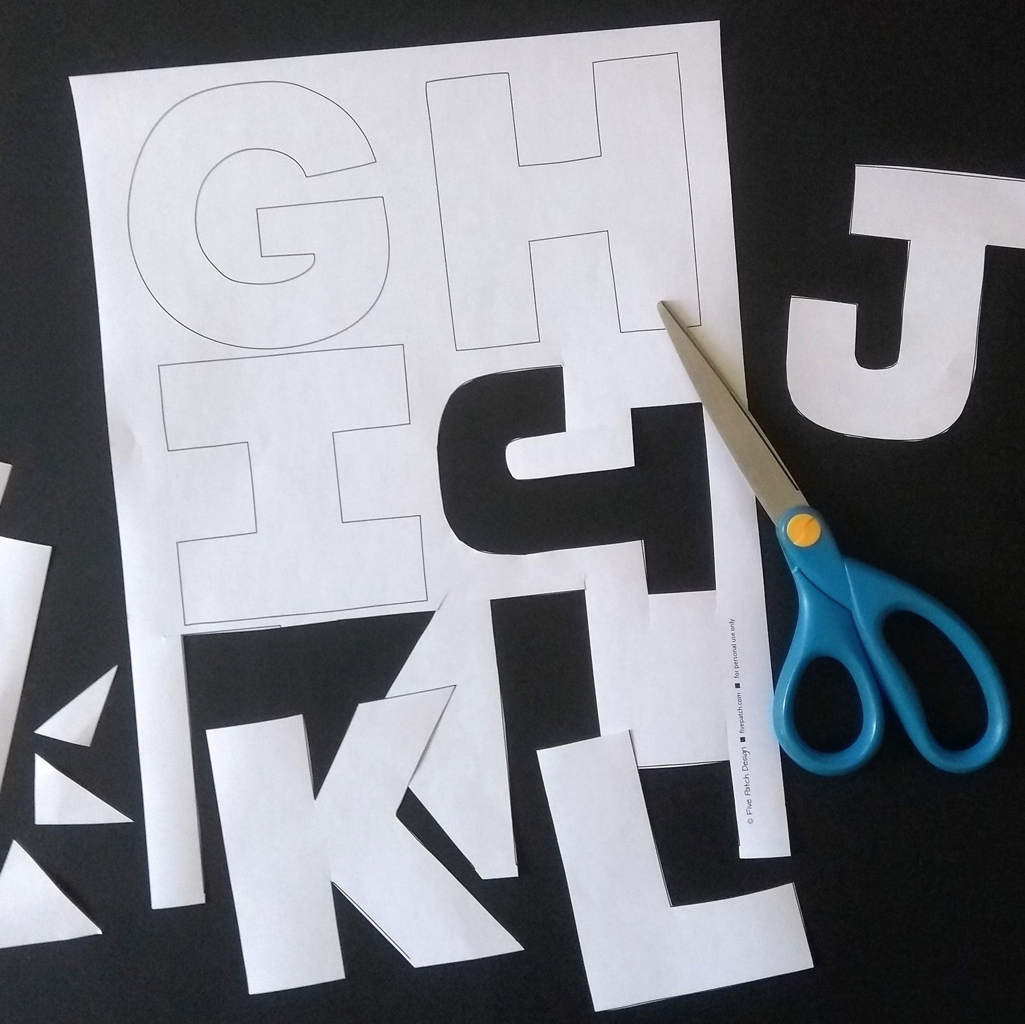 Five Patch Design Cut Out Letters and Literacy Activities free printable