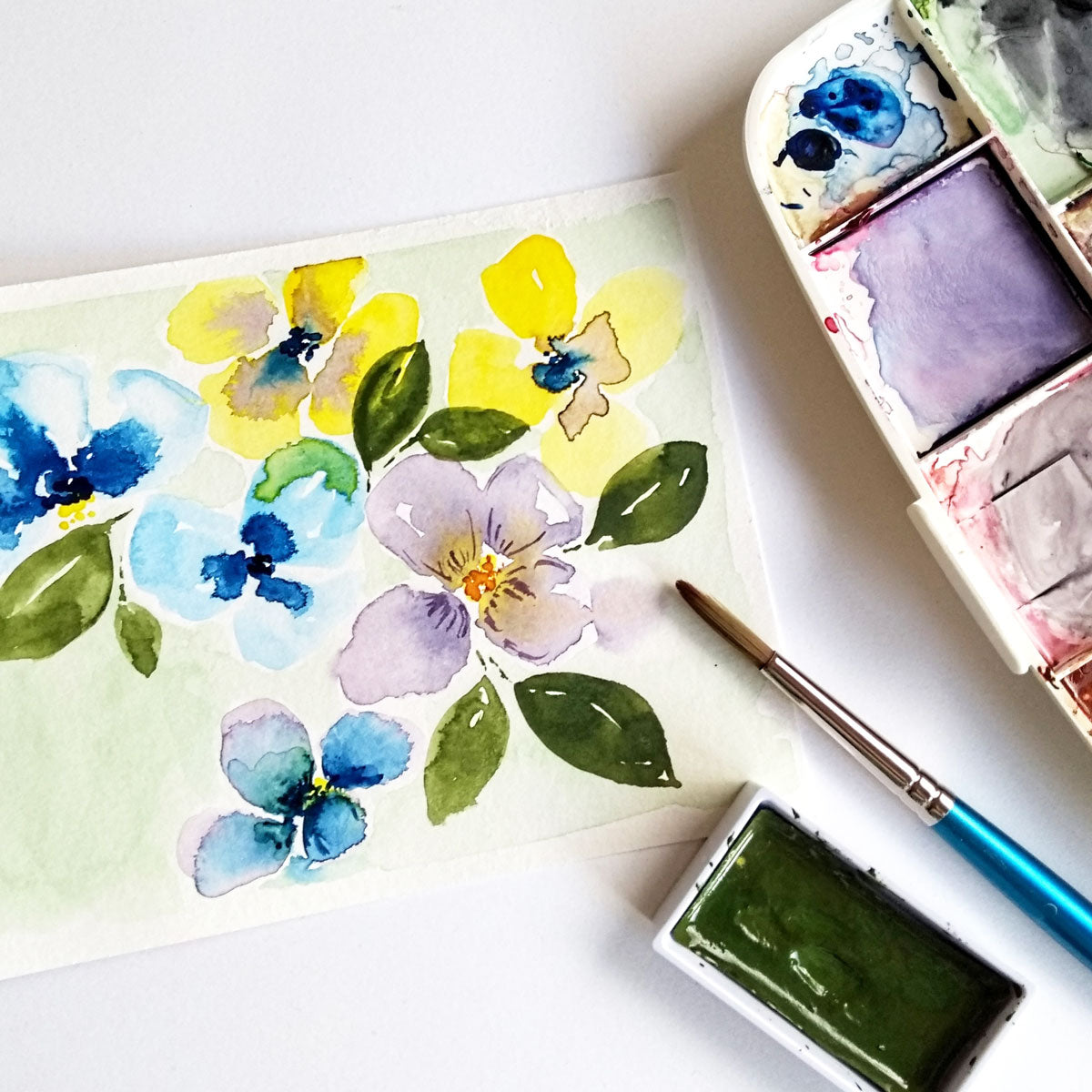 Five Patch Design watercolor painting of pansies