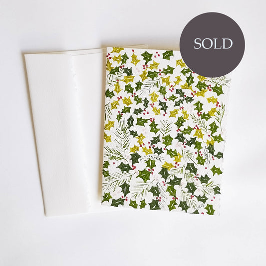 Hand painted, one of a kind holiday greeting card with holly and berries